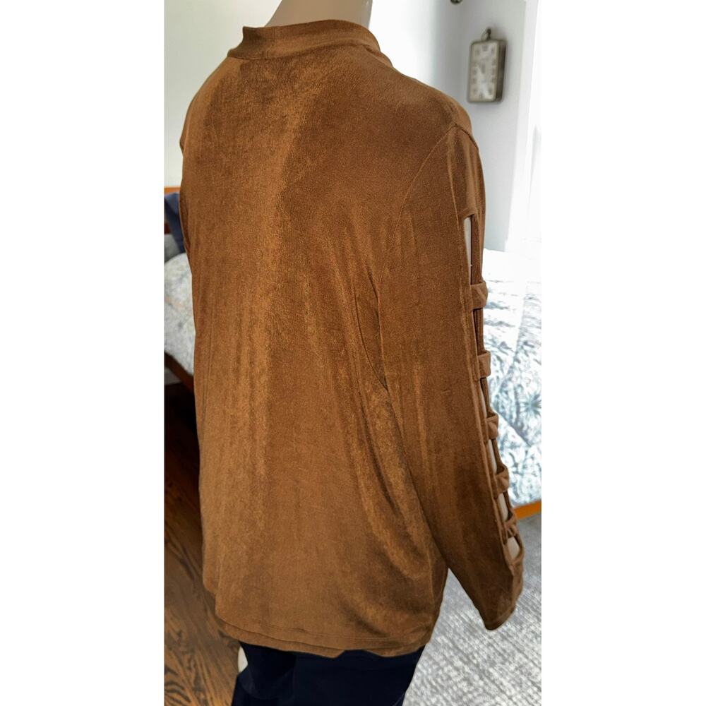 Chicos Travelers Faux Suede Cardigan Tank Set Brown Cut Out Sleeve Womens Size 2